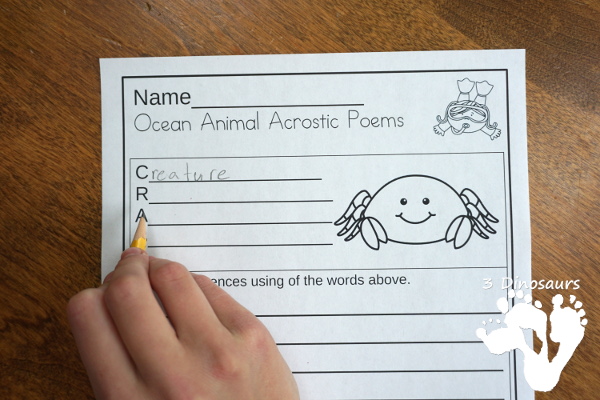 Free Ocean Animals Acrostic Poems - 6 ocean animals acrostic poems with writing - #freeprintable #poems #writingforkids  #3dinosaurs