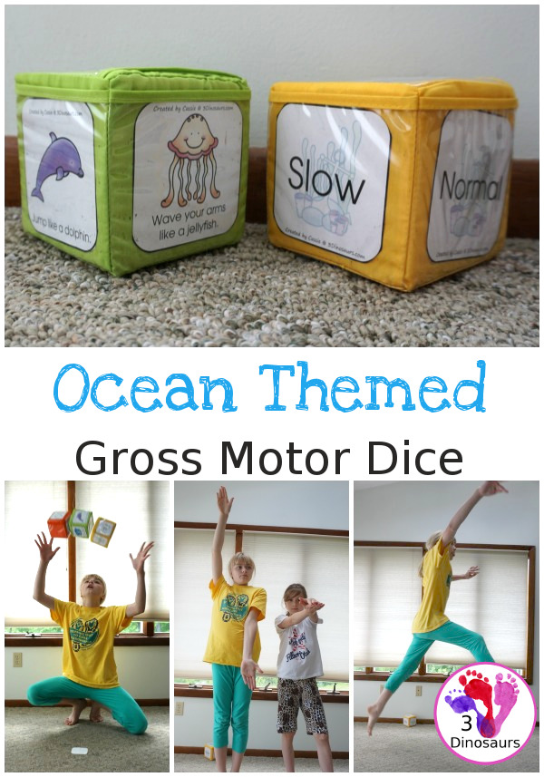 Free Ocean Themed Gross Motor Dice -6 movments in the ocean with a speed dice - 3Dinosaurs.com #freeprintable #grossmotor #3dinosaurs