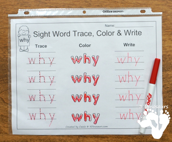 Free Romping & Roaring Second Grade Sight Words: why, wish, work, would 6 pages of printables for each word - 3Dinosaurs.com