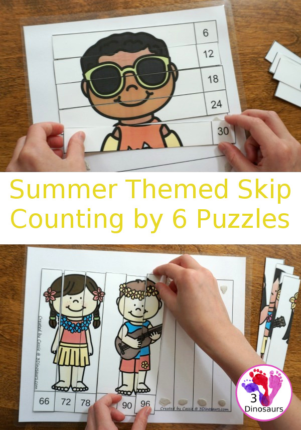 Free Hands-On Learning with Summer Skip Counting by 6 Puzzles - work on skip counting by 6 with these fun puzzles. - 3Dinosaurs.com #freeprintable #mathforkids #skipcounting #3dinosaurs