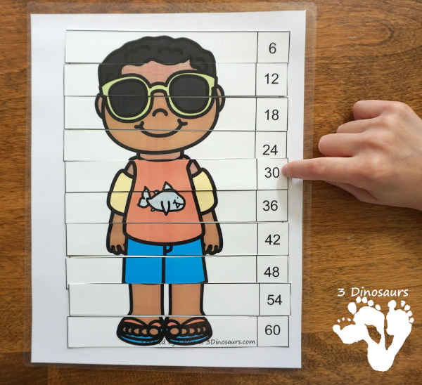 Free Hands-On Learning with Summer Skip Counting by 6 Puzzles - work on skip counting by 6 with these fun puzzles. - 3Dinosaurs.com #freeprintable #mathforkids #skipcounting #3dinosaurs