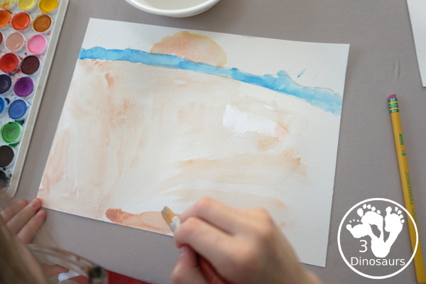 Beach Watercolor and Q-Tip Shell Painting - this is a great painting project that many ages can do. It is loads of fun for painting and fine motor work. - 3Dinosaurs.com