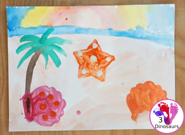 Beach Watercolor and Q-Tip Shell Painting - this is a great painting project that many ages can do. It is loads of fun for painting and fine motor work. - 3Dinosaurs.com