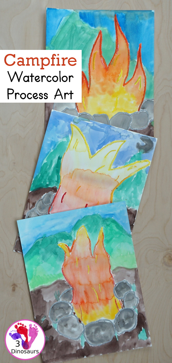 Campfire Watercolor Process Art - a fun way to paint and mix colors with this watercolor process art project  - 3Dinosaurs.com