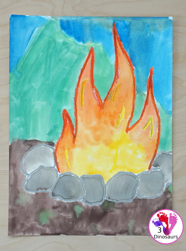 Campfire Watercolor Process Art - a fun way to paint and mix colors with this watercolor process art project  - 3Dinosaurs.com