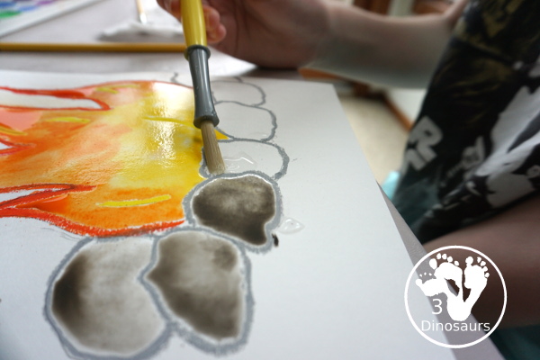 Campfire Watercolor Process Art - a fun way to paint and mix colors with this watercolor process art project  - 3Dinosaurs.com