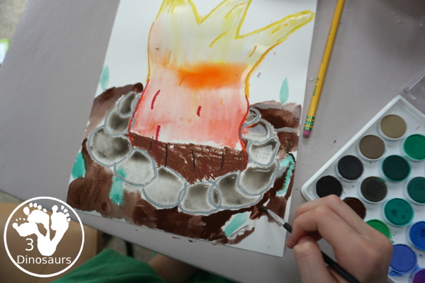 Campfire Watercolor Process Art - a fun way to paint and mix colors with this watercolor process art project  - 3Dinosaurs.com