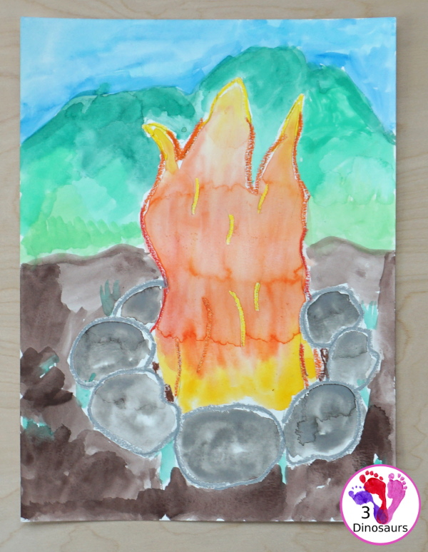 Campfire Watercolor Process Art - a fun way to paint and mix colors with this watercolor process art project  - 3Dinosaurs.com