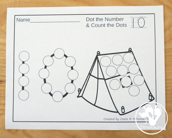 Camping Dot the Number Counting the Number: Campfire, S'mores & Tent - easy way to work on numbers from 0 to 20 with fine motor work and counting with this great camping theme for prek and kindergarten - 3Dinosaurs.com