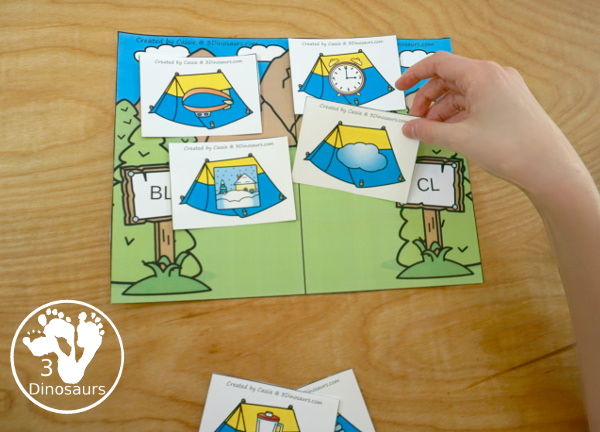 Free Camping Themed L Blends Sorting with 6 sorting mats and 3 cards for each mat - 3Dinosaurs.com