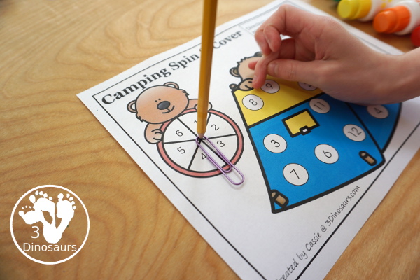 Free Camping Spin & Cover: Counting, Addition & Multiplication - three fun worksheets to work on counting and numbers 1 to 6, adding from 1 to 6 and multiplication 1 to 6 - 3Dinosaurs.com