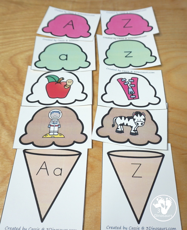 Free Ice Cream Cone ABC Matching - three cone types with 4 matching scoops for the cones. - 3Dinosaurs.com  #3dinosaurs #kindergarten #prek #ABCs #freeprintable