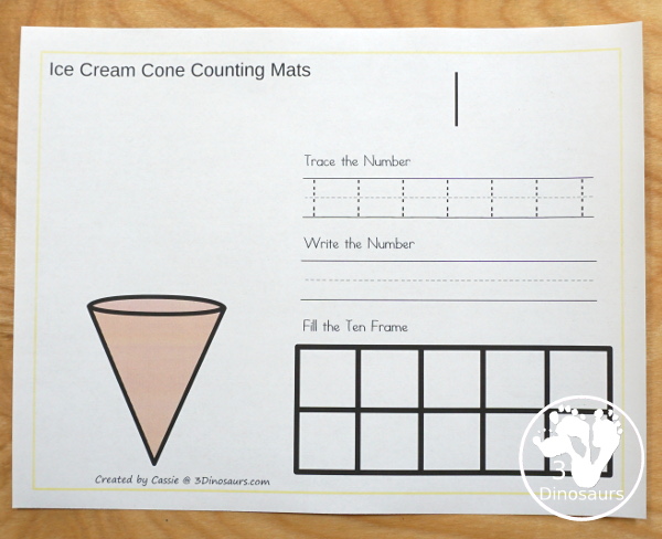 Free Ice Cream Cone Number Counting, Tracing & Writing Mats - it has number 1 to 10 with counting, tracing, writing and a ten frame to fill out - 3Dinosaurs.com  #3dinosaurs #kindergarten #prek #numbers #counting #freeprintable