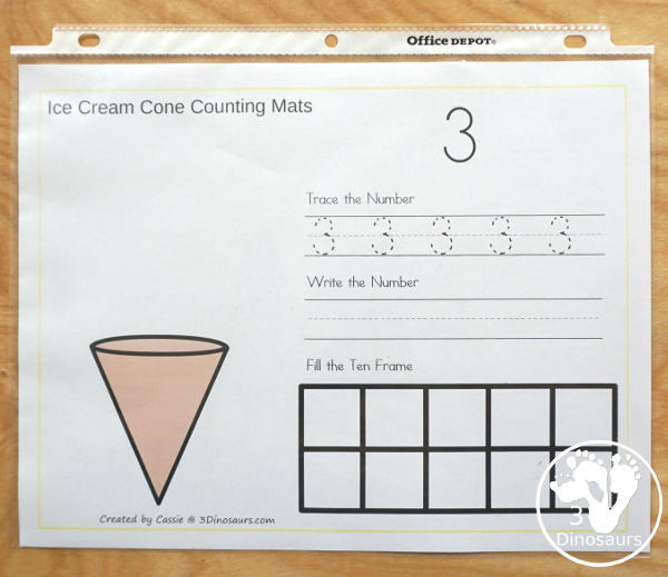 Free Ice Cream Cone Number Counting, Tracing & Writing Mats - it has number 1 to 10 with counting, tracing, writing and a ten frame to fill out - 3Dinosaurs.com  #3dinosaurs #kindergarten #prek #numbers #counting #freeprintable