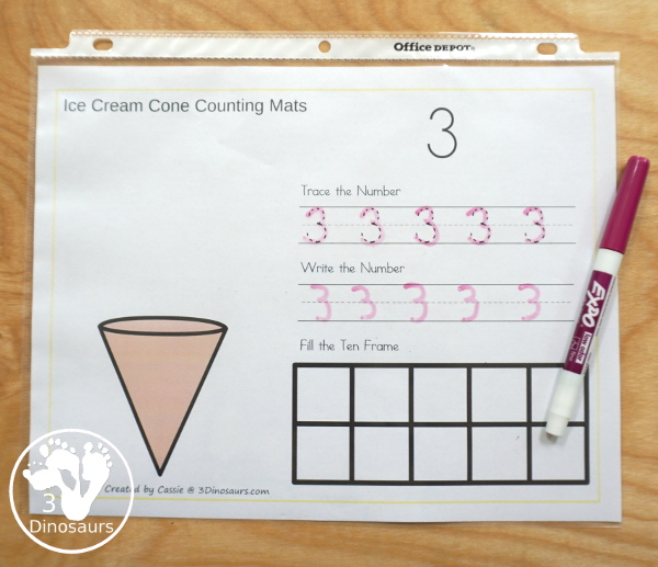 Free Ice Cream Cone Number Counting, Tracing & Writing Mats - it has number 1 to 10 with counting, tracing, writing and a ten frame to fill out - 3Dinosaurs.com  #3dinosaurs #kindergarten #prek #numbers #counting #freeprintable