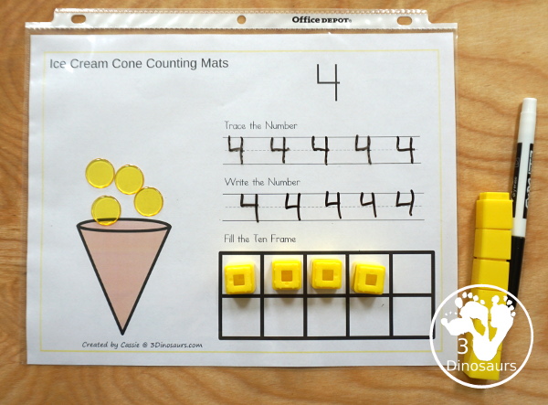 Free Ice Cream Cone Number Counting, Tracing & Writing Mats - it has number 1 to 10 with counting, tracing, writing and a ten frame to fill out - 3Dinosaurs.com  #3dinosaurs #kindergarten #prek #numbers #counting #freeprintable