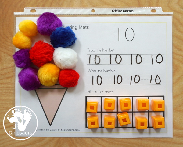 Free Ice Cream Cone Number Counting, Tracing & Writing Mats - it has number 1 to 10 with counting, tracing, writing and a ten frame to fill out - 3Dinosaurs.com  #3dinosaurs #kindergarten #prek #numbers #counting #freeprintable