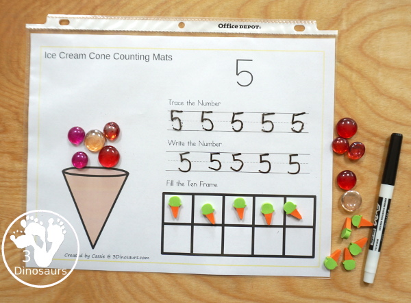 Free Ice Cream Cone Number Counting, Tracing & Writing Mats - it has number 1 to 10 with counting, tracing, writing and a ten frame to fill out - 3Dinosaurs.com  #3dinosaurs #kindergarten #prek #numbers #counting #freeprintable