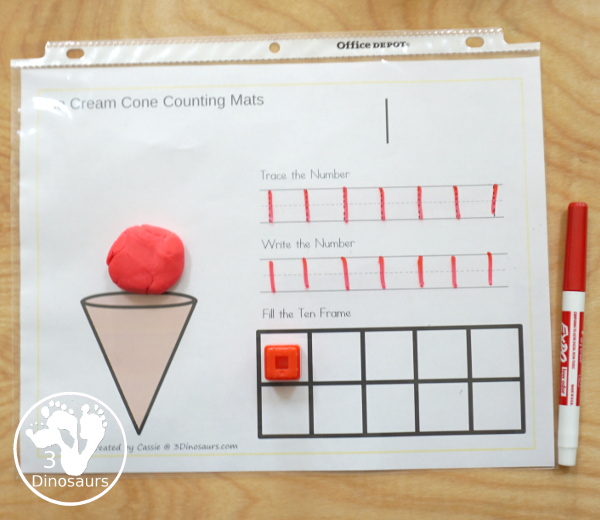 Free Ice Cream Cone Number Counting, Tracing & Writing Mats - it has number 1 to 10 with counting, tracing, writing and a ten frame to fill out - 3Dinosaurs.com  #3dinosaurs #kindergarten #prek #numbers #counting #freeprintable