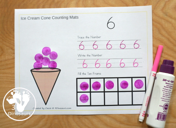 Free Ice Cream Cone Number Counting, Tracing & Writing Mats - it has number 1 to 10 with counting, tracing, writing and a ten frame to fill out - 3Dinosaurs.com  #3dinosaurs #kindergarten #prek #numbers #counting #freeprintable