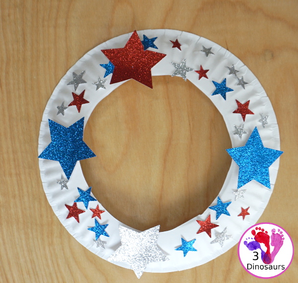 Red White & Blue Star Paper Plate Wreath for Kids - This is great for the 4th of July, Flag Day or a red white and blue theme and is super easy to make - 3Dinosaurs.com