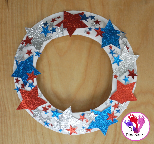 Red White & Blue Star Paper Plate Wreath for Kids - This is great for the 4th of July, Flag Day or a red white and blue theme and is super easy to make - 3Dinosaurs.com