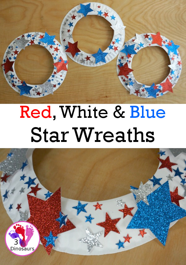 Red White & Blue Star Paper Plate Wreath for Kids - This is great for the 4th of July, Flag Day or a red white and blue theme and is super easy to make - 3Dinosaurs.com