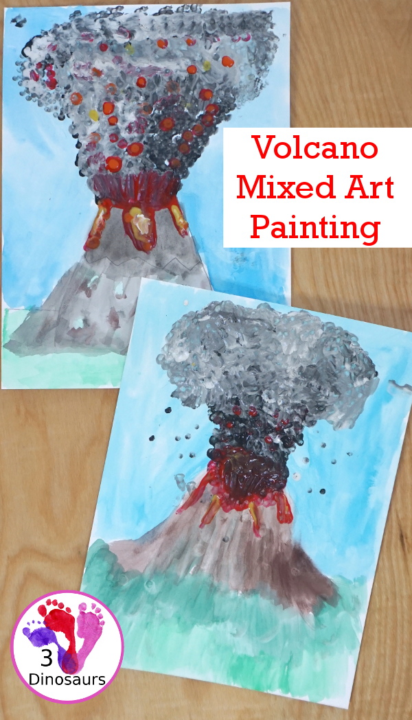 Volcano: Watercolor & Q-Tip Painting - a mix art painting of watercolor and paints with q-tip with the Magic Tree House Book Vacation Under the Volcano - 3Dinosaurs.com