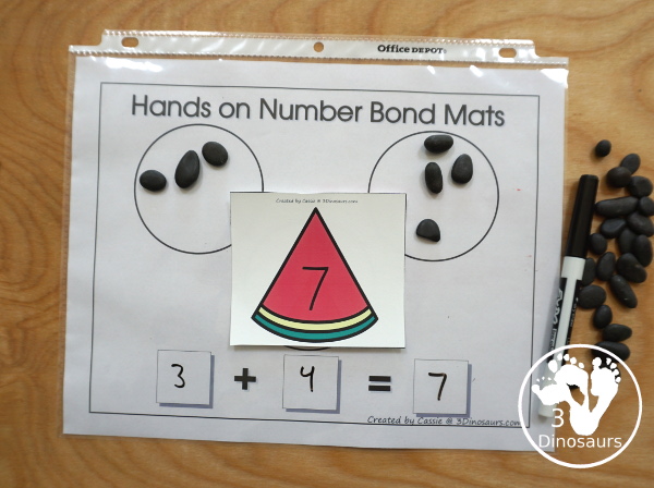 Free Watermelon Addition Matching - with 10 watermelon cards and matching seed cards with addition equations on them - 3Dinosaurs.com  #3dinosaurs #kindergarten #firstgrade #math #addition #freeprintable