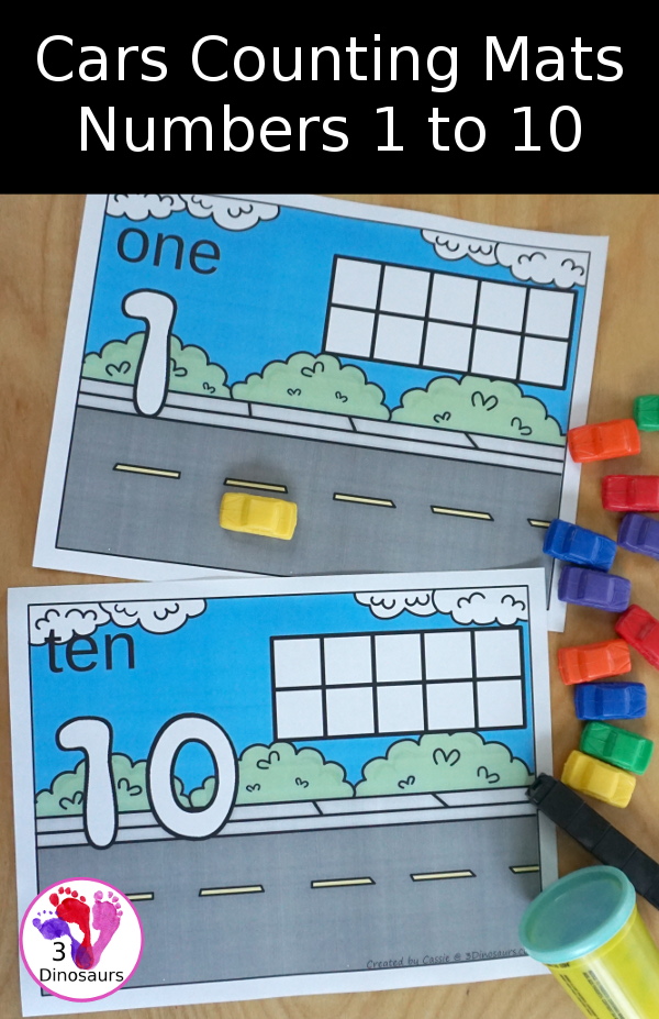 Free Car Counting Mats Numbers 1 to 10 - you have a ten frame, playdough number and counting mat area with cars and traffic lights to use with the mats - 3Dinosaurs.com