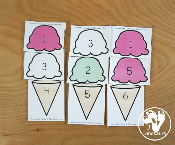 Free Ice Cream Cone Addition & Subtraction Matching Math Facts - with scoops, cones with numbers and math fact sheet and building math fact sheet help mat - 3Dinosaurs.com