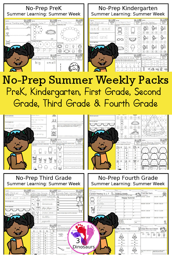 Summer No-Prep Weekly Packs PreK, Kindergarten, First Grade, Second Grade, Third Grade & Fourth Grade with 5 days of activities to do for each grade level With loads of summer themes in the mix - You will find a mix of math, language, and more - These are easy to use packs for summer learning, homework, early finisher, and morning work. Easy no-prep printables for kids with four pages for each day - 3Dinosaurs.com