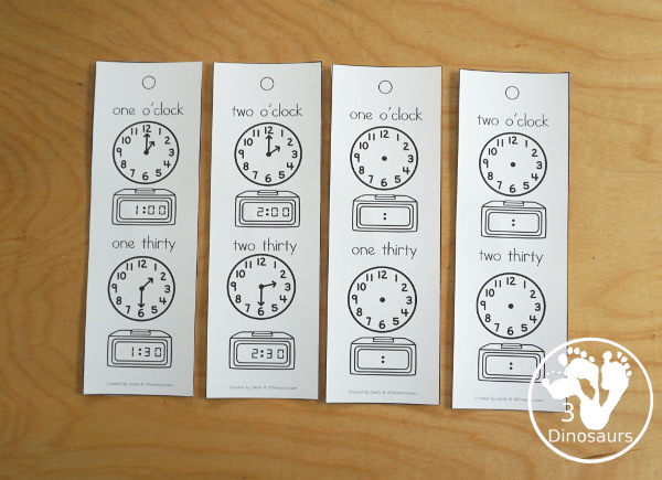 Telling Time Bookmark Set - with Hourly, Hourly & half Hour, Every 15 minute bookmarks, telling time every five minute bookmarks with filled in and blank set to fill out - 3Dinosaurs.com