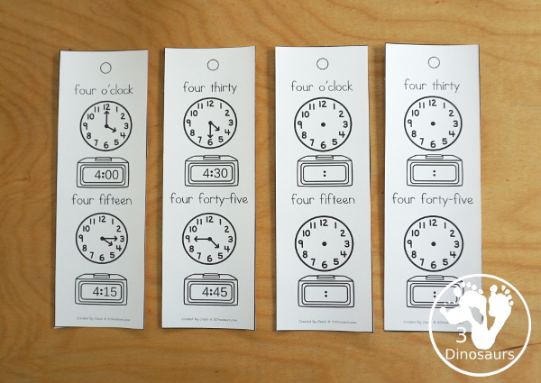 Telling Time Bookmark Set - with Hourly, Hourly & half Hour, Every 15 minute bookmarks, telling time every five minute bookmarks with filled in and blank set to fill out - 3Dinosaurs.com