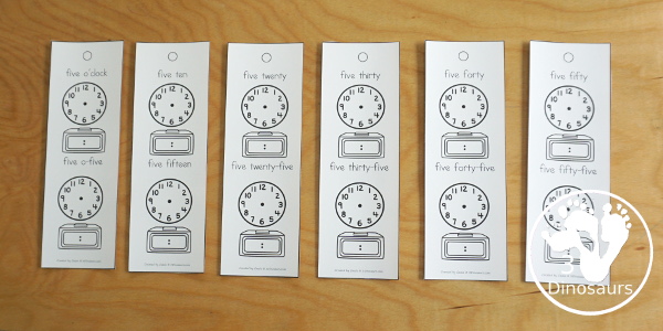 Telling Time Bookmark Set - with Hourly, Hourly & half Hour, Every 15 minute bookmarks, telling time every five minute bookmarks with filled in and blank set to fill out - 3Dinosaurs.com