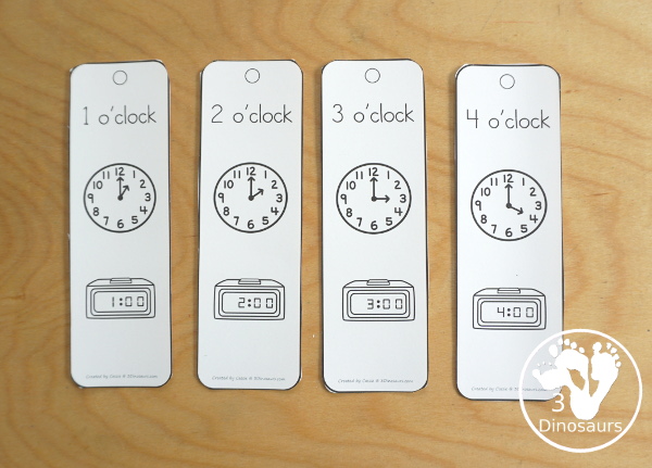 Free Hourly Telling Time Bookmarks - 12 fun bookmarks for working on telling time by hours with words, analog clock and digital clock - 3Dinosaurs.com