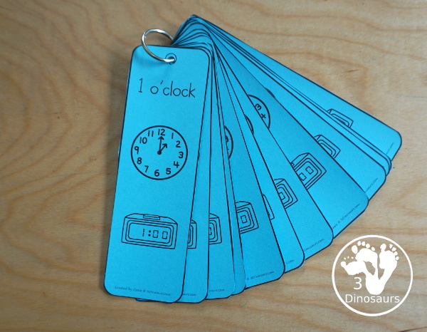 Free Hourly Telling Time Bookmarks - 12 fun bookmarks for working on telling time by hours with words, analog clock and digital clock - 3Dinosaurs.com