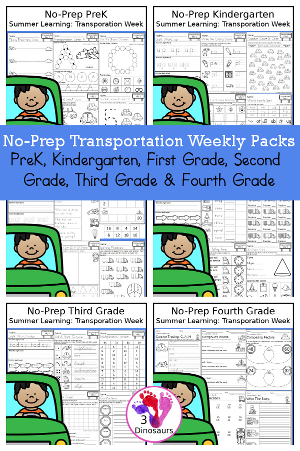 Transportation No-Prep Weekly Packs PreK, Kindergarten, First Grade, Second Grade, Third Grade & Fourth Grade with 5 days of activities to do for each grade level With loads of cars, trucks, boats, and planes in the mix - You will find a mix of math, language, and more - These are easy to use packs for summer learning, homework, early finisher, and morning work. Easy no-prep printables for kids with four pages for each day - 3Dinosaurs.com