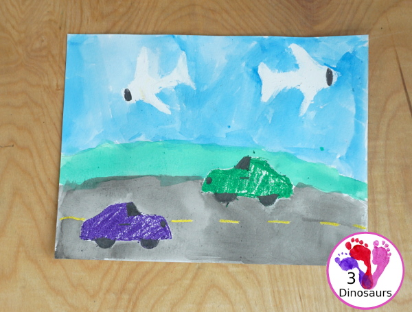 Transportation Painting with Watercolors and Oil Pastels - a super fun car and plane painting that kids can do with mixed art of watercolor and oil pastels - 3Dinosaurs.com