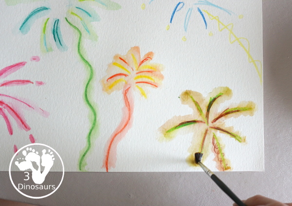 Watercolor Pencil Fireworks Craft for Kids - with a simple painting using watercolor pencils for kids to make fireworks - 3Dinosaurs.com