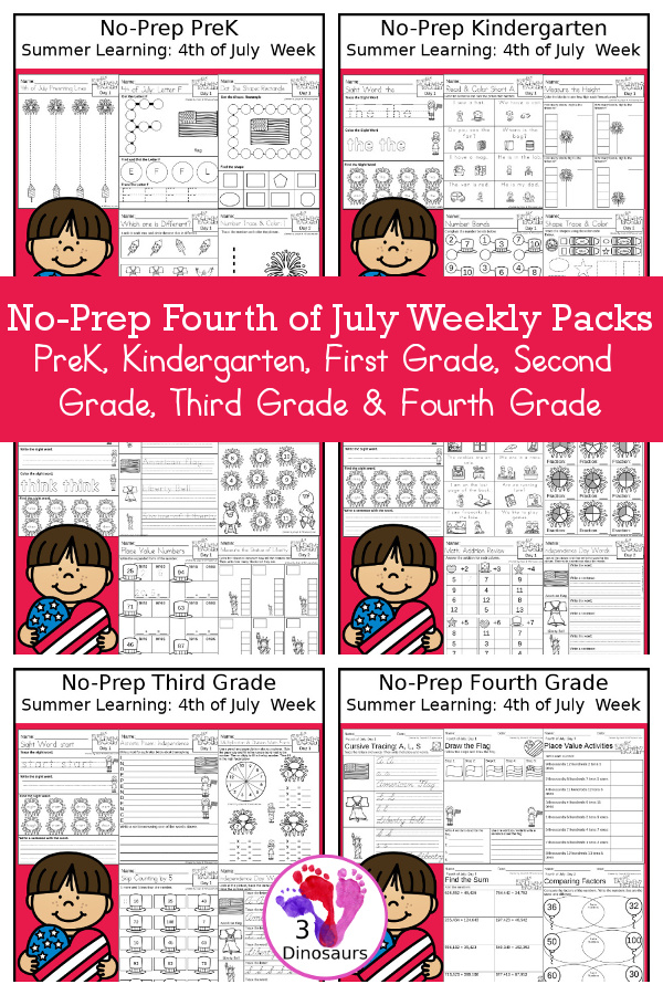 Fourth of July No-Prep Weekly Packs PreK, Kindergarten, First Grade, Second Grade, Third Grade & Fourth Grade with 5 days of activities to do for each grade level With loads of different 4th of July themes - You will find a mix of math, language, and more - These are easy to use packs for Independence day themed activities, summer learning, homework, early finisher, and morning work. Easy no-prep printables for kids with four pages for each day - 3Dinosaurs.com