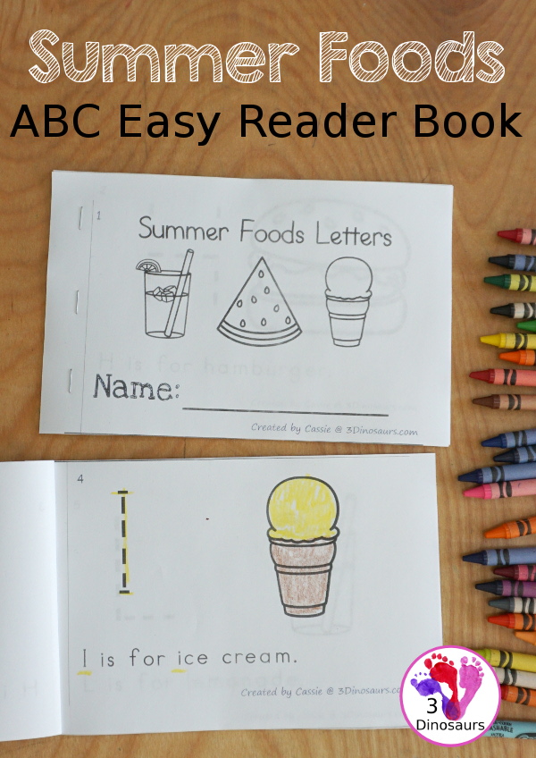 Free Summer Food ABC Easy Reader Book Printable - with 9 fun summer words with tracing an uppercase letter and a simple sentence - 3Dinosaurs.com