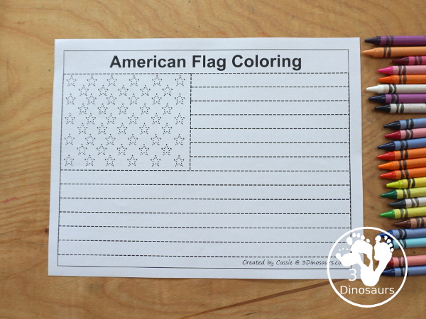 Free American Flag Tracing & Coloring Printable - you have one tracing and coloring American flag and one American flag coloring page - 3Dinosaurs.com