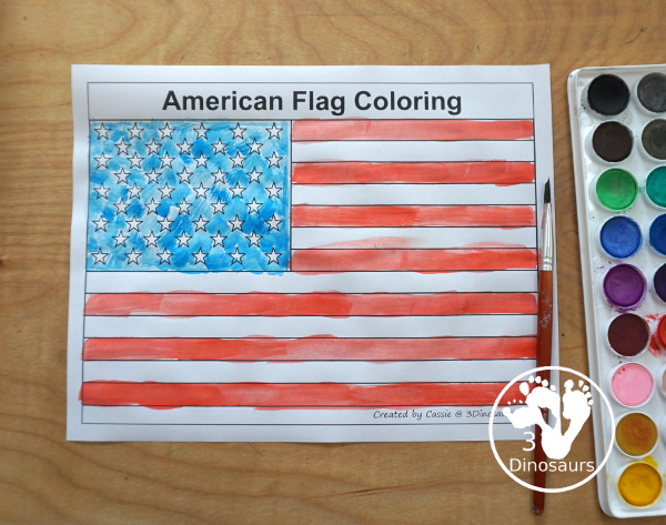 Free American Flag Tracing & Coloring Printable - you have one tracing and coloring American flag and one American flag coloring page - 3Dinosaurs.com