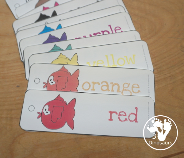 Fish Color Pack - with 61 pages of printables with color easy reader book, color clip cards, color tracing strips, color writing strips, color pocket chart cards, color word writing, color word puzzles, and more all to work on learning color words - 3Dinosaurs.com