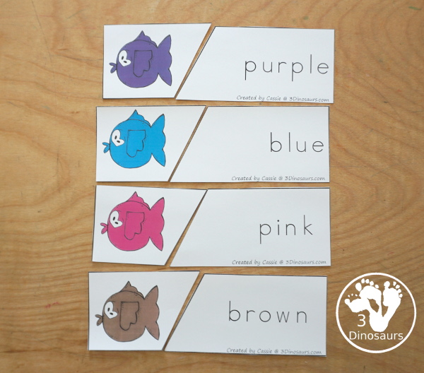 Fish Color Pack - with 61 pages of printables with color easy reader book, color clip cards, color tracing strips, color writing strips, color pocket chart cards, color word writing, color word puzzles, and more all to work on learning color words - 3Dinosaurs.com