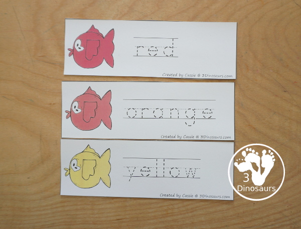 Fish Color Pack - with 61 pages of printables with color easy reader book, color clip cards, color tracing strips, color writing strips, color pocket chart cards, color word writing, color word puzzles, and more all to work on learning color words - 3Dinosaurs.com