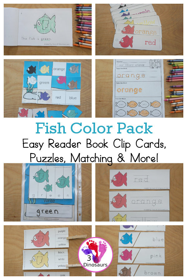 Fish Color Pack - with 61 pages of printables with color easy reader book, color clip cards, color tracing strips, color writing strips, color pocket chart cards, color word writing, color word puzzles, and more all to work on learning color words - 3Dinosaurs.com