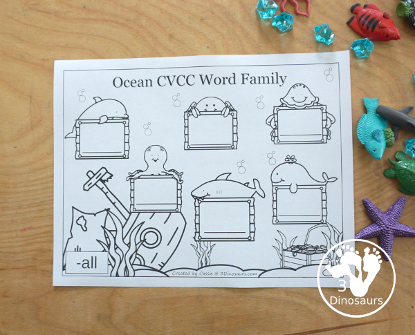 Free Ocean Themed CVC & CVCC Word Family Writing - over 100 pages of printables with building words and writing sentences about each of the words. A fun way to review CVC and CVCC words for the summer or during an ocean theme.- 3Dinosaurs.com