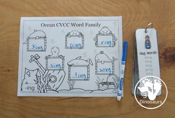 Free Ocean Themed CVC & CVCC Word Family Writing - over 100 pages of printables with building words and writing sentences about each of the words. A fun way to review CVC and CVCC words for the summer or during an ocean theme.- 3Dinosaurs.com